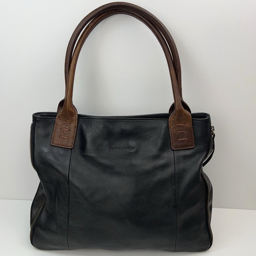 Cynthia Rowley Leather Shoulder Purse Two Handle Satchel Expandable Black Tote